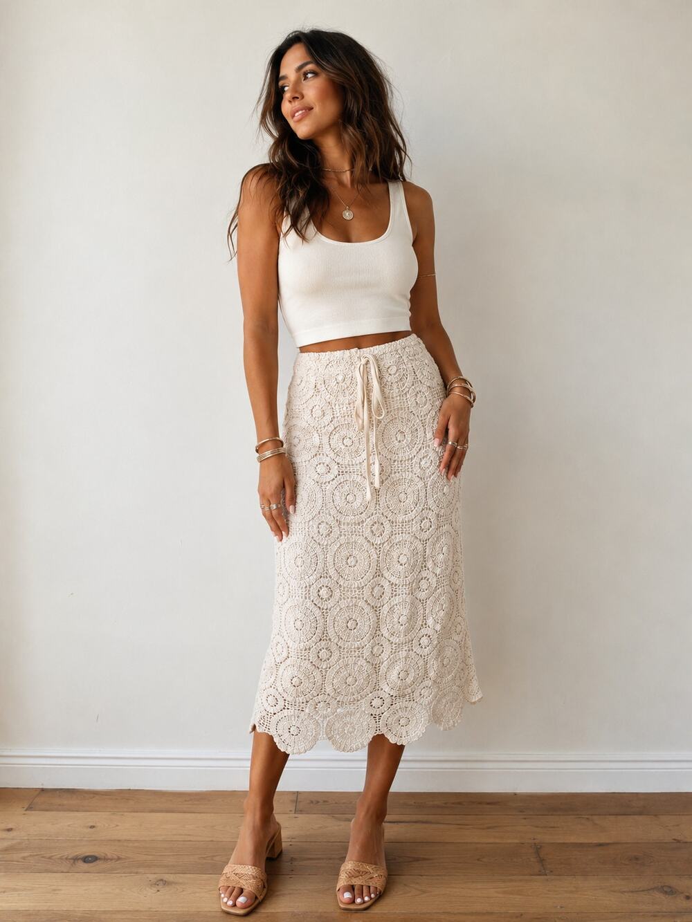 Y2K J Gee Crochet Lace Midi Skirt M Ivory Boho Lined Cotton Drawstring